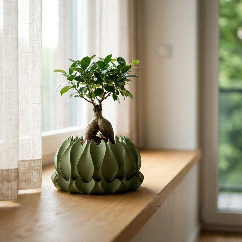 Sculptural Petal Planter with Drainage Tray, Modern Indoor Plant Pot for Succulents