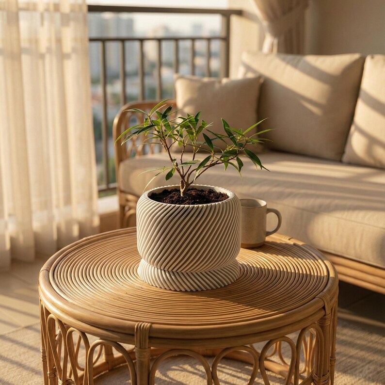 Modern Spiral Planter with Drainage Saucer, Minimalist Indoor Plant Pot