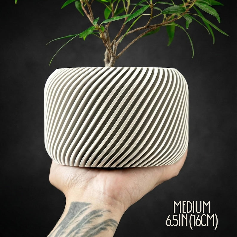 Modern Spiral Planter with Drainage Saucer, Minimalist Indoor Plant Pot