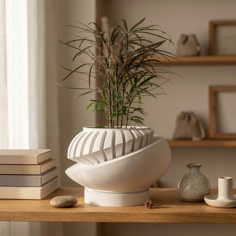 Sculptural Indoor Planter, Modern Plant Pot with Removable Drainage Tray