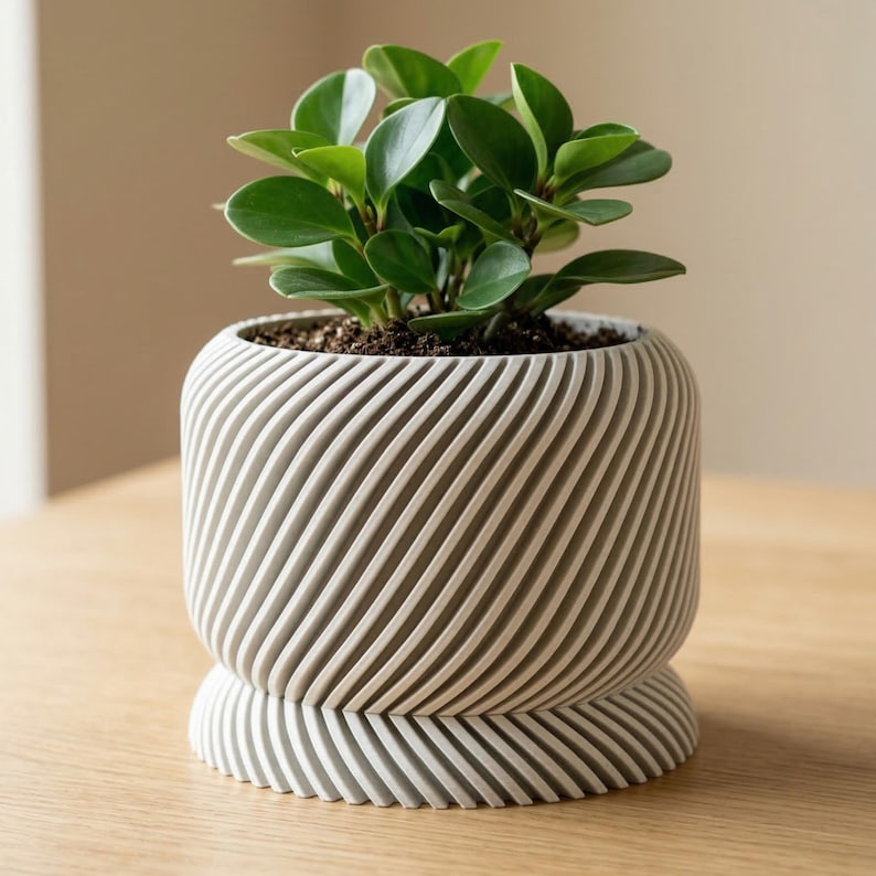 Modern Spiral Planter with Drainage Saucer, Minimalist Indoor Plant Pot