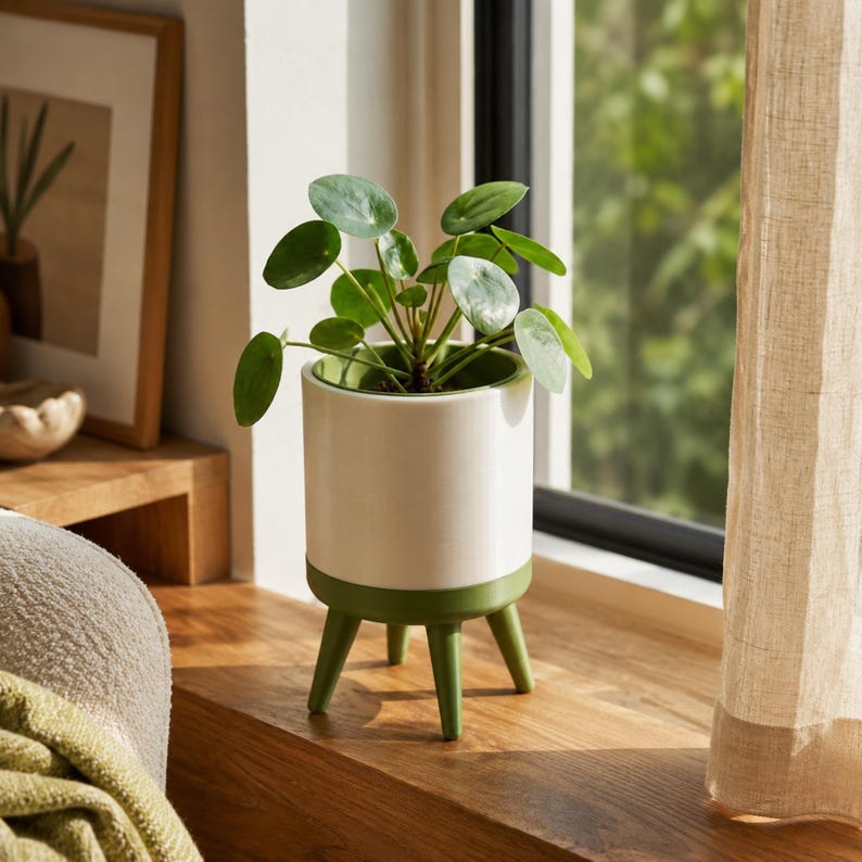 Indoor Planter Pot with Drainage Insert, Modern Plant Pot with Legs, Raised Succulent Planter, Small Houseplant Pot, Plant Lover Gift