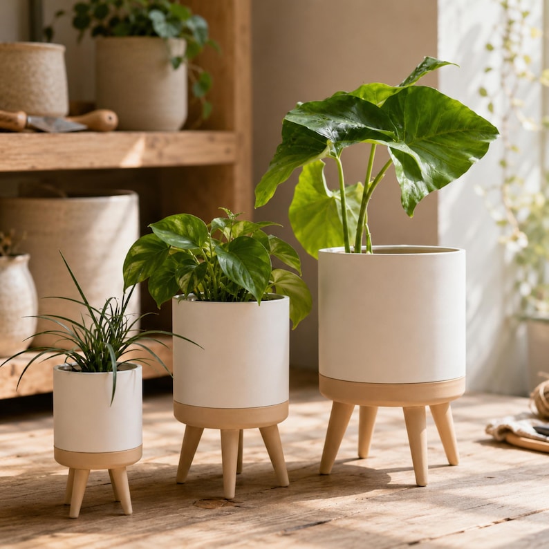 Indoor Planter Pot with Drainage Insert, Modern Plant Pot with Legs, Raised Succulent Planter, Small Houseplant Pot, Plant Lover Gift
