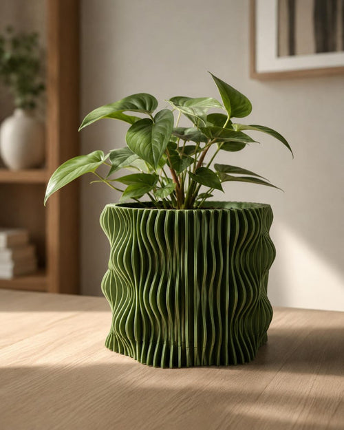 Wavy Planter Pot with Drainage Tray, Modern 3D Printed Indoor Plant Pot, Geometric Houseplant Planter