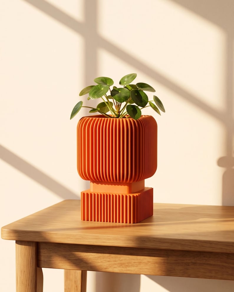 Planter Pot With Drainage Tray, 3D Printed Ribbed Plant Pot, Modern Indoor Planter, Succulent Pot, Plant Lover Gift